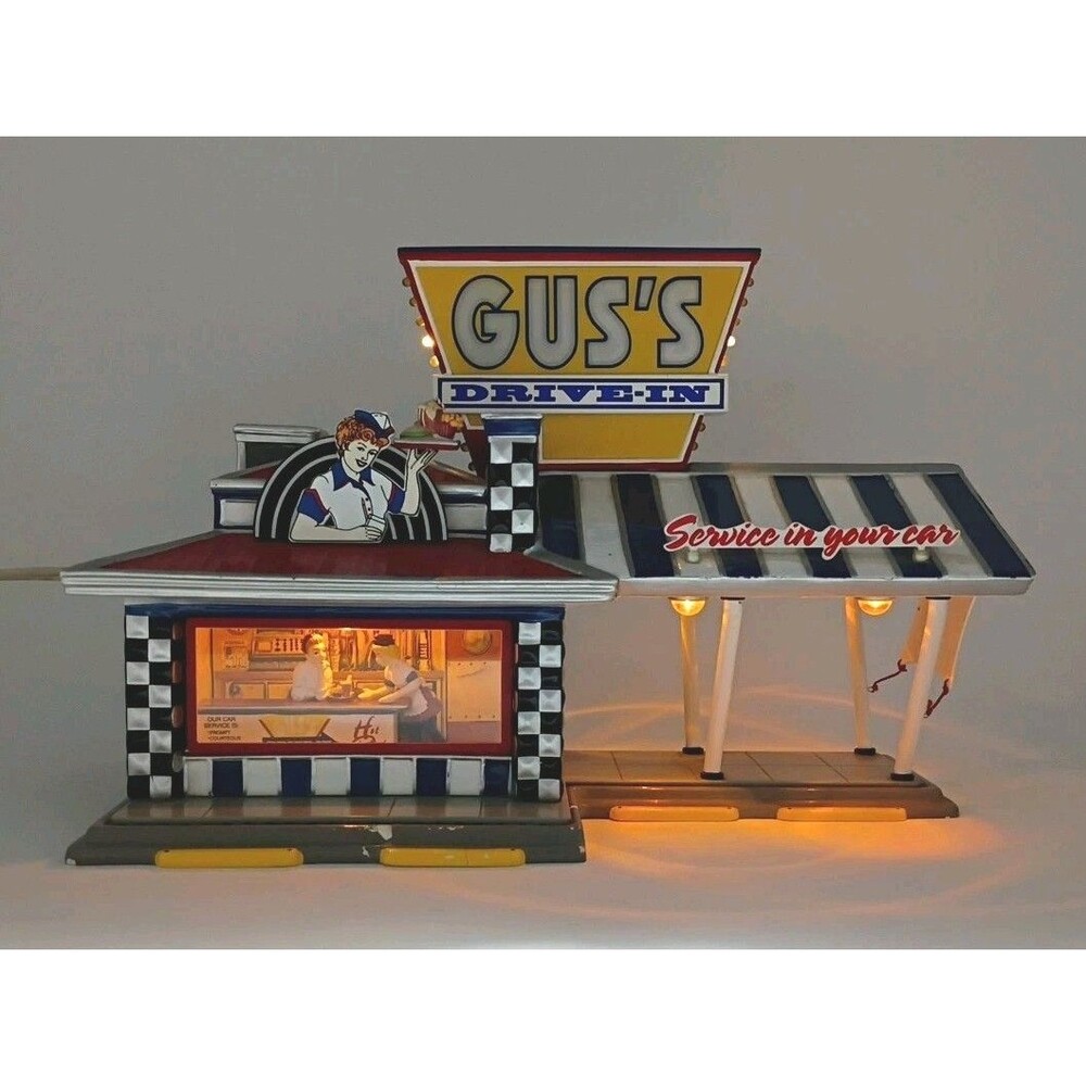 Dept 56 Snow Village Gus's Drive-In Restaurant 1950's Car Hop Lights Work